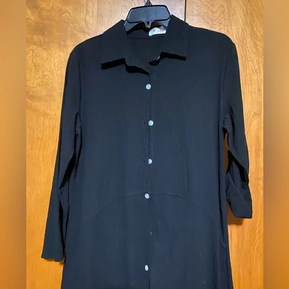 Long Sleeve Collard Button Down Shirt Dress Black With Side Slits Size Small - Picture 4 of 8
